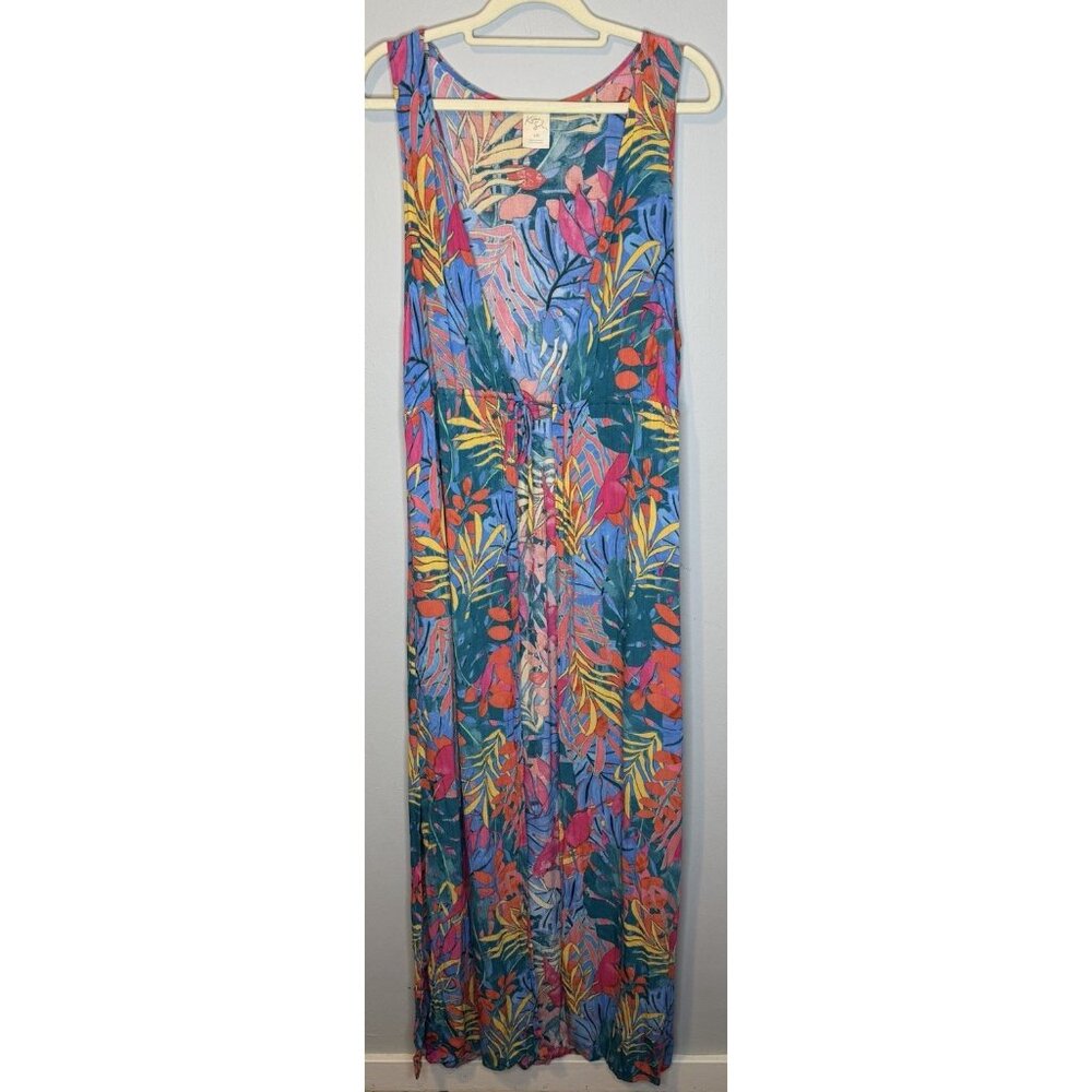 Kona Sol Small/medium Swim Coverup Palm Print Sleeveless Tie Waist Colorful Long